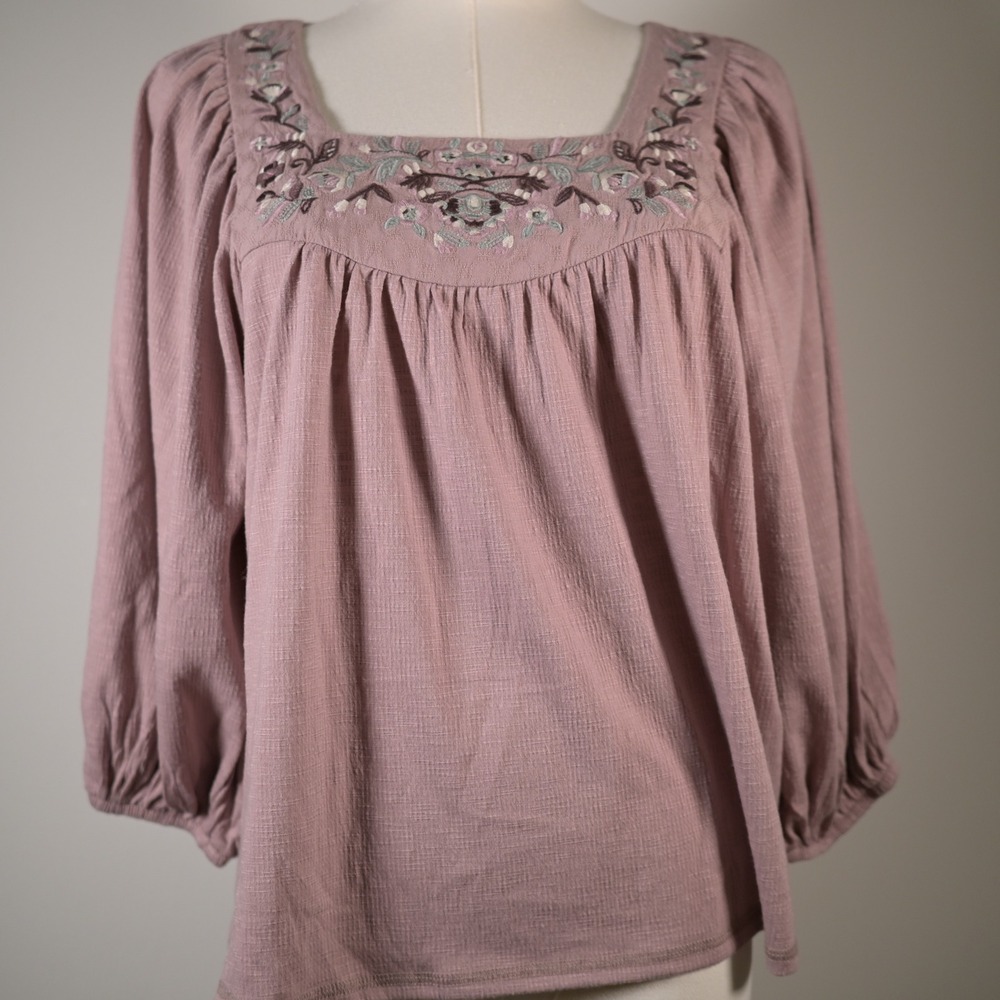 True Craft Womens XS Dusty Rose Embroidered Boho Peasant Blouse Puff Sleeve Top